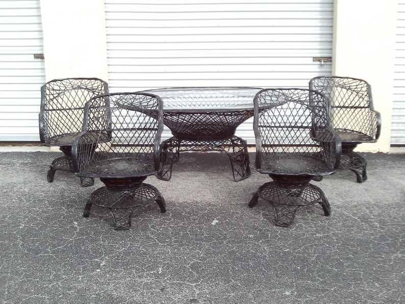 Vintage Mcm Black Spun Fiberglass Patio Set 4 Swivel Rocking Chairs Oval Table Paris Eiffel Tower Style