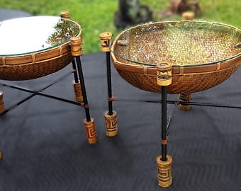 Pair Rare Unique Vintage Bamboo Rice Basket Side Tables Glass Top Greek Key
