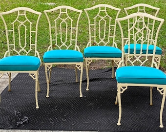 5 Unique Antique Faux Bamboo Fretwork Cast Aluminum Patio Chairs