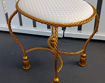 Vintage Italian Hollywood Regency Gold Gilt Vanity Stool Twisted Rope Tassel