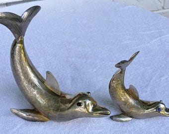 Vintage Pair Of Unique Rare Ecuador Joaquin Taller Tinta Style Dolphins Gem Eyes