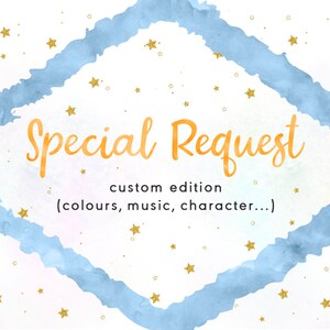 Puede incluir: Gráfico digital con las palabras "Special Request" en escritura naranja. El texto está rodeado por una forma de diamante azul acuarela y estrellas doradas. El texto adicional dice "custom edition (colours, music, character...)".