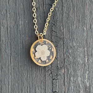 Pressed White Flower Resin Pendant: Gold Plated Necklace, Botanical Jewelry