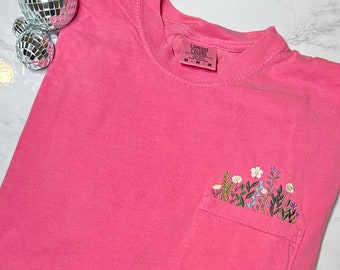 Pink T-shirts - Embroidered T-Shirt - Embroidered Apparel - Spring Apparel - Pocket Tee - Flowers T-shirt - Florals - Flowers Pocket Tee