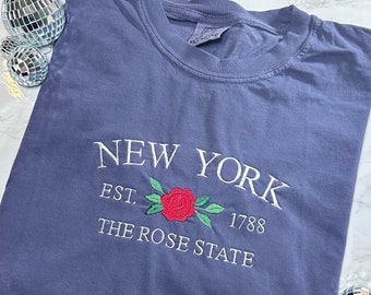 Blue T-shirts - Embroidered T-Shirt - Embroidered Apparel - State Apparel - New York Apparel - Flower Shirts - New York The Rose State Shirt