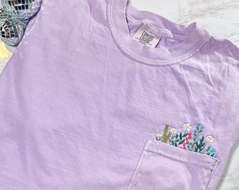 Purple T-shirts - Embroidered T-Shirt - Embroidered Apparel - Spring Apparel - Pocket Tee - Flowers T-shirt - Florals - Flowers Pocket Tee