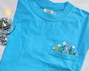 Blue T-shirts - Embroidered T-Shirt - Embroidered Apparel - Spring Apparel - Pocket Tee - Flowers T-shirt - Florals - Flowers Pocket Tee