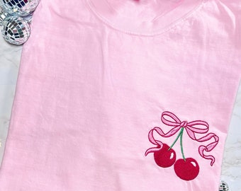 Pink T-shirts - Embroidered T-Shirt - Embroidered Apparel - Spring Apparel - Cute T Shirts - Coquette Shirts - Cherry with Bow T-Shirts