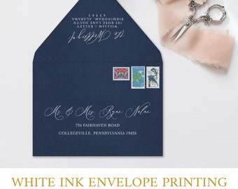 Midnight Blue Navy Envelopes Addressed | 5x7 (A7) + More Sizes for Wedding Invites, RSVP | 25 Envelopes | White Printing with return address