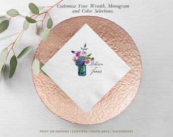 Mason Jar Floral Wedding Napkins | Bridal Shower Napkins | Rehearsal Dinner | Full Color Napkin | Blush Pink Napkins