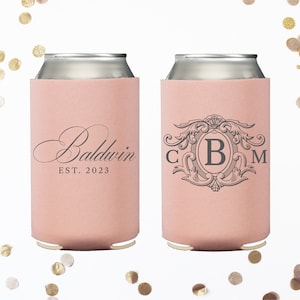 Personalized Can Coolers Wedding Favors • Custom Monogram and Name Drink Sleeves • Elegant Script & Crest Design • Beer Can Holder