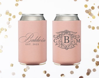 Monogram Crest - Wedding Can Cooler - Custom - Wedding Favors, Beverage Insulators, Beer Huggers