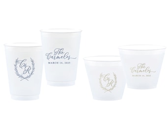 Laurel Monogram Frost-Flex Cups, Personalized Shatterproof Wedding Cups, Script Family Name & Date, Multiple Sizes, Weddings and Showers