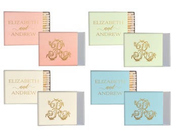 Vintage Monogram Wedding Matchboxes, Personalized Match Favors, Pastel Colors with Gold Foil, Names / Initials, Custom Matches