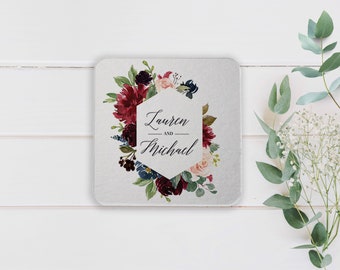 Personalized Wedding Coasters - Floral Custom Wedding Drink Coasters - Fall Burgundy Flower Wedding Reception Decor, Personalized Coasters