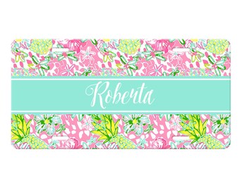 Tropical Floral License Plate, Monogram Tropical Plate Frame, Pink Floral Car Coasters, Preppy Floral Key Chain, Pink and Orange Car Tag
