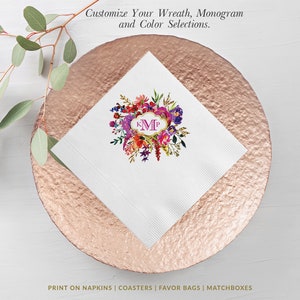 Monogram Wreath Personalized Wedding Napkins, Rehearsal Dinner, Engagement Party, Custom Bar Napkins, Custom Wedding Napkins