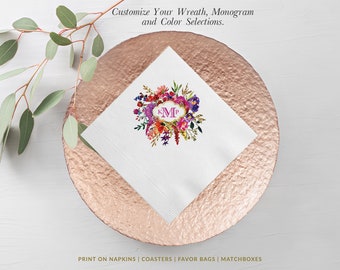 Monogram Wreath Personalized Wedding Napkins, Rehearsal Dinner, Engagement Party, Custom Bar Napkins, Custom Wedding Napkins