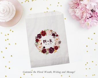 Set of 25 Personalized Custom Monogram Crest Floral Greenery Wedding Favor Treat Bags - Candy, Donuts, Cookies, Popcorn - Wedding, Bridal