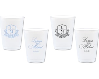 Crest Monogram Frost Flex Cups, Personalized Shatterproof Wedding Cups, Script Names & Date, 2 Sided Print, Multiple Sizes Weddings  Showers