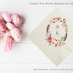 Boho Floral Beverage Napkins, Cocktail Napkins, Personalized Paper Napkins, Watercolor Flowers 3 Ply Napkins