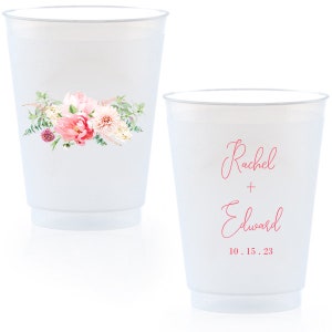 Personalized Peony Pink Cups, Custom Printed Frosted Cups, Shatterproof, Frost Flex, Personalized Plastic Party Cups, Wedding Cups