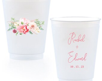 Personalized Peony Pink Cups, Custom Printed Frosted Cups, Shatterproof, Frost Flex, Personalized Plastic Party Cups, Wedding Cups