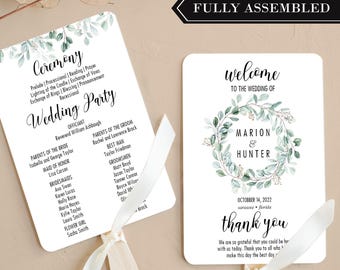 Greenery Wreath Wedding Program Fans Assembled October Greenery Wreath Collection - Choose fonts and colors