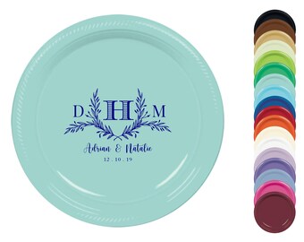 Custom Printed Plates - Delicate Script Initials party plates - Dessert, Appetizer, 7 inch, Plastic, Wedding, Anniversary, Shower