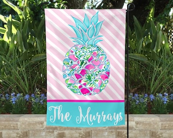 Personalized Flag, Pineapple Preppy Garden & House Flag, Welcome Flag, Farmhouse Garden Flag, Vintage Design, Yard Decor, Stripes