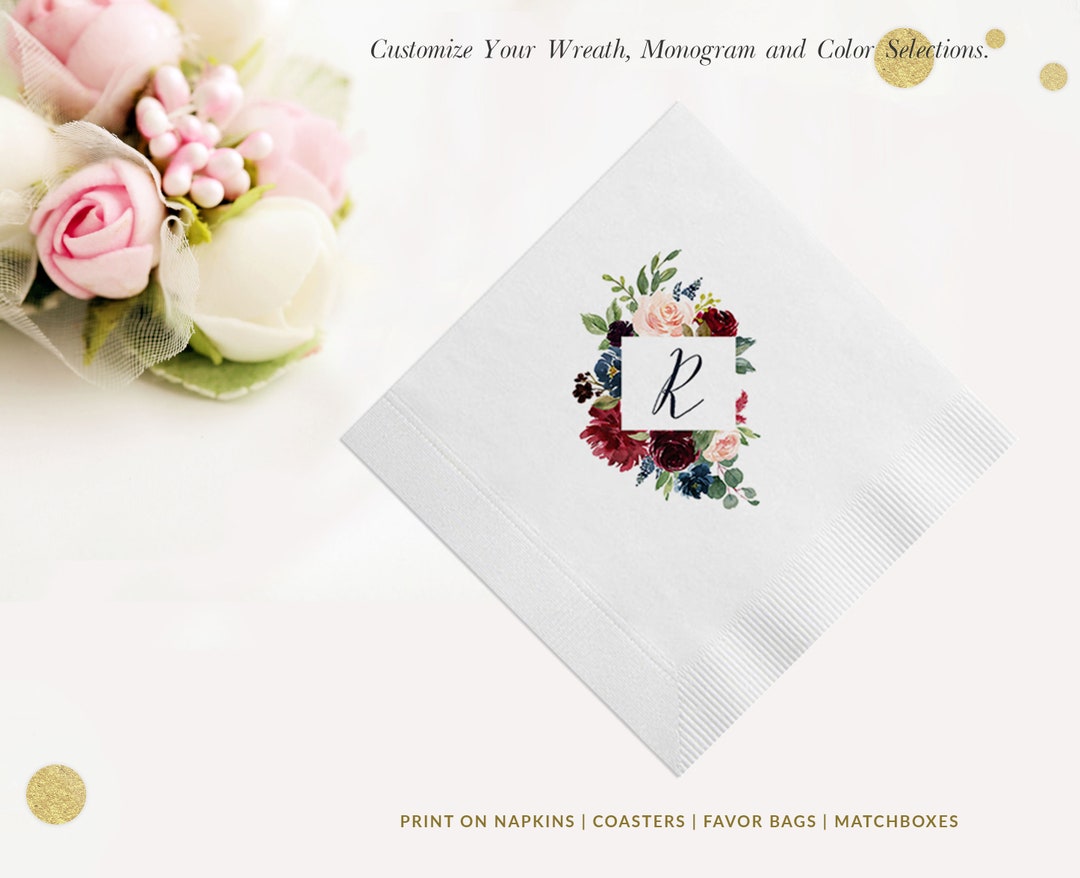 Personalized Wedding Cocktail Napkins, Floral Corner, Luncheon Napkins