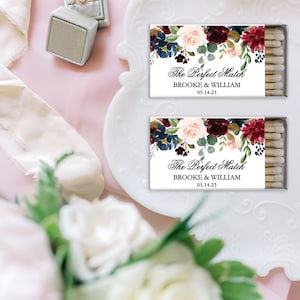 Wedding Matches, Perfect Match Matches, Personalized Matchboxes, Watercolor Floral Matches -Set of 50, Burgundy Wreath