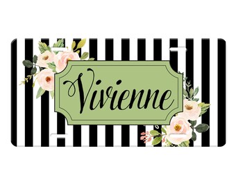 Personalized Preppy Front License Plate Car Tag for Women - Pink Yellow Flowers