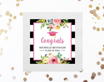 Floral Photo Napkins, Personalized Cocktail Napkins, Graduation Party Decor, Pink Floral Napkin, Logo, Corporate Beverage or Luncheon Size