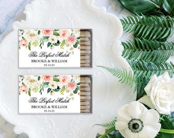 Wedding Favor blush floral Matches, "Perfect Match" Personalized Matches, Personalized Matchboxes, Peach/Nude Florals -Set of 50