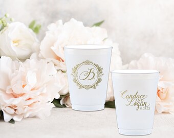 Monogrammed Shatterproof Wedding Cups, Personalized Wreath Monogram Frost-Flex Cups, Engagement Party, Anniversary Cups, Bridal Shower