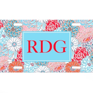 Preppy Floral Personalized License Plate, Rainbow Flowers Custom CarTag for Women, License Plate Frame, Car Coasters, Monogram License Plate
