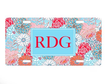 Preppy Floral Personalized License Plate, Rainbow Flowers Custom CarTag for Women, License Plate Frame, Car Coasters, Monogram License Plate