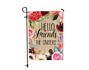 Hello Friends Floral Yard Flag, Personalized Garden Flag, Spring Floral Custom Flag, Garden Lawn,Yard Decor, Banners Front Houses