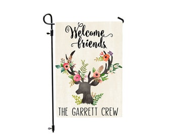 Personalized Garden Flag, Antler and Floral Bouquet, Custom Yard Flag, Rustic Farmhouse, Personalized Yard Flag, Antler Flag with name