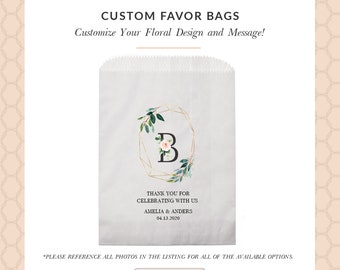 Wedding Favor Bag, Floral Monogram Wedding Thank You Bag, Personalized Treat Bags, Bridal shower bags, Donut, Candy, Popcorn Bag,