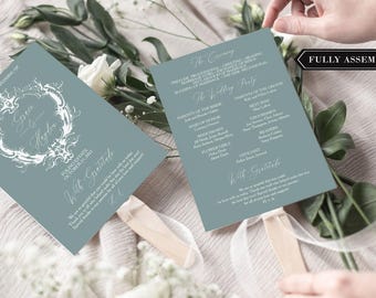 Hunter Green Wedding Program Fans with Wooden Sticks, Green Wedding Programs, Decor, Printed Fans, Includes Sticks, Assembled