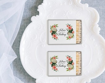 Wedding Matches, Perfect Match Matchboxes, Wedding Favors, Bridal Shower Favor, Peach Watercolor Floral Matches-Set of 50