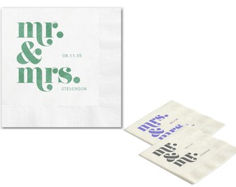 Mr. & Mrs. Digital Napkin - Beverage Full Color 3 Ply Beverage Napkins, Cake Napkins, Monogrammed Wedding Napkins, Bridal Shower Napkin