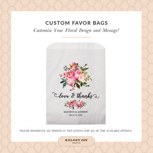 Love and Thanks Set of 25 Personalized Pink Floral Wedding Favor Treat Bags - Candy Buffet, Donuts, Cookies, Popcorn - Wedding, Bridal