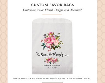 Love and Thanks Set of 25 Personalized Pink Floral Wedding Favor Treat Bags - Candy Buffet, Donuts, Cookies, Popcorn - Wedding, Bridal