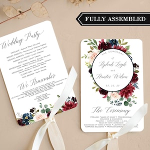 Burgundy wedding program, wedding fans, wedding program fans, marsala and navy wedding, wedding fan program, fully assembled, program fans