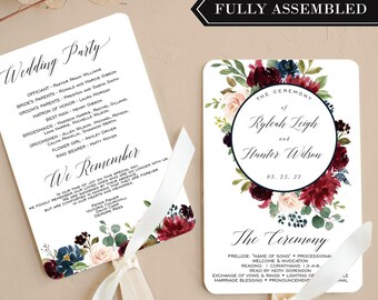 Burgundy wedding program, wedding fans, wedding program fans, marsala and navy wedding, wedding fan program, fully assembled, program fans