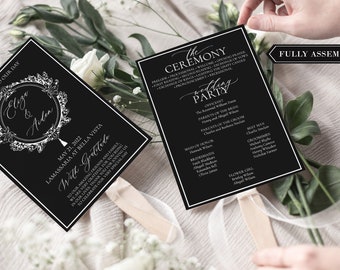 Elegant Black Wedding Fan Program, Black Ceremony Program, Black & White Crest, Assembled Fan Program Wedding, Wedding Programs,