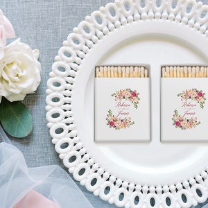 Matchboxes With Floral Design Personalized with Names and Date, watercolor floral monogram for wedding matches, wedding favors